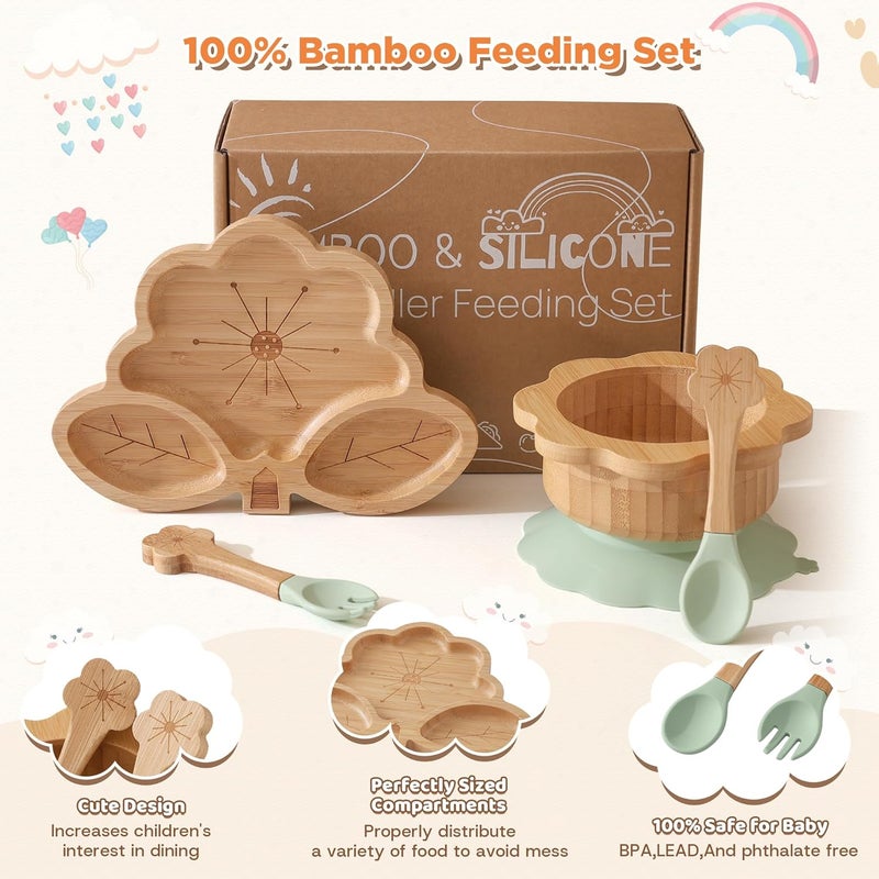 MingHoYo Bamboo Suction Plates Bowls Set for Baby Toddler - Includes Bamboo Bowl, Divided Plate, Silicone Fork & Spoon, All-Natural Baby Feeding Set for Baby-Led Weaning - Image 3